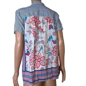 J. Jill button down button top 100% linen mixed media blouse top SM embroidered